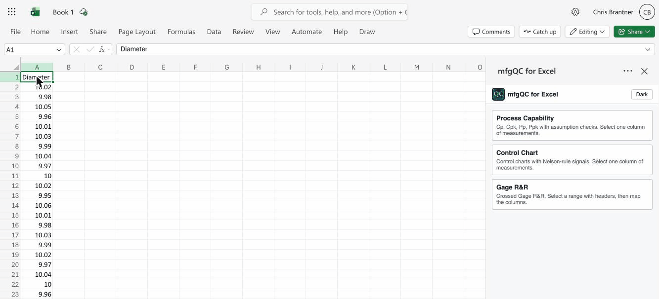 mfgQC task pane open in Excel next to a column of data
