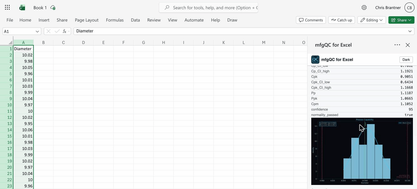 Process capability result with Cpk and histogram in the Excel task pane